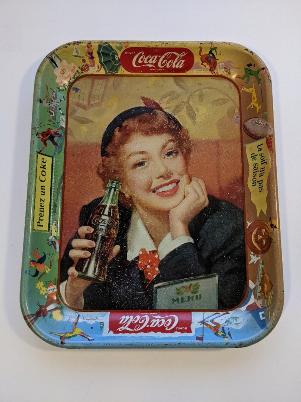 1953 Coca Cola Menu Girl Serving Tray / Cabaret La soif / saison FRENCH FRANCAIS